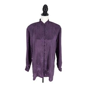 Vintage Y2K TESS‎ Satin Blouse Women Medium Purple Jacquard Dark Academia